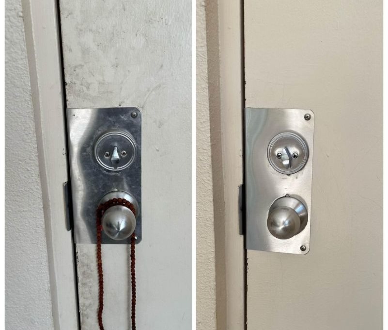 Before and after: door hardware, grime and buildup removed