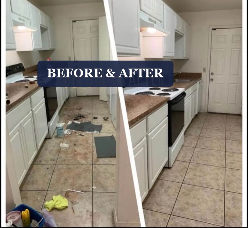 Before and after: kitchen floor and surfaces, fully cleaned