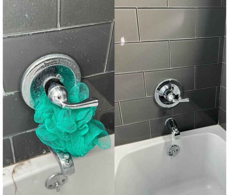 Before and after: tub and shower fixtures, soap scum removed and chrome polished
