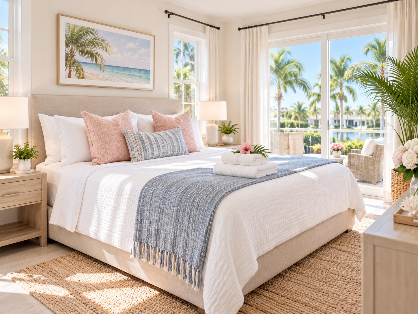 Guest-ready bedroom with fresh linens and folded towels, staged for a vacation rental