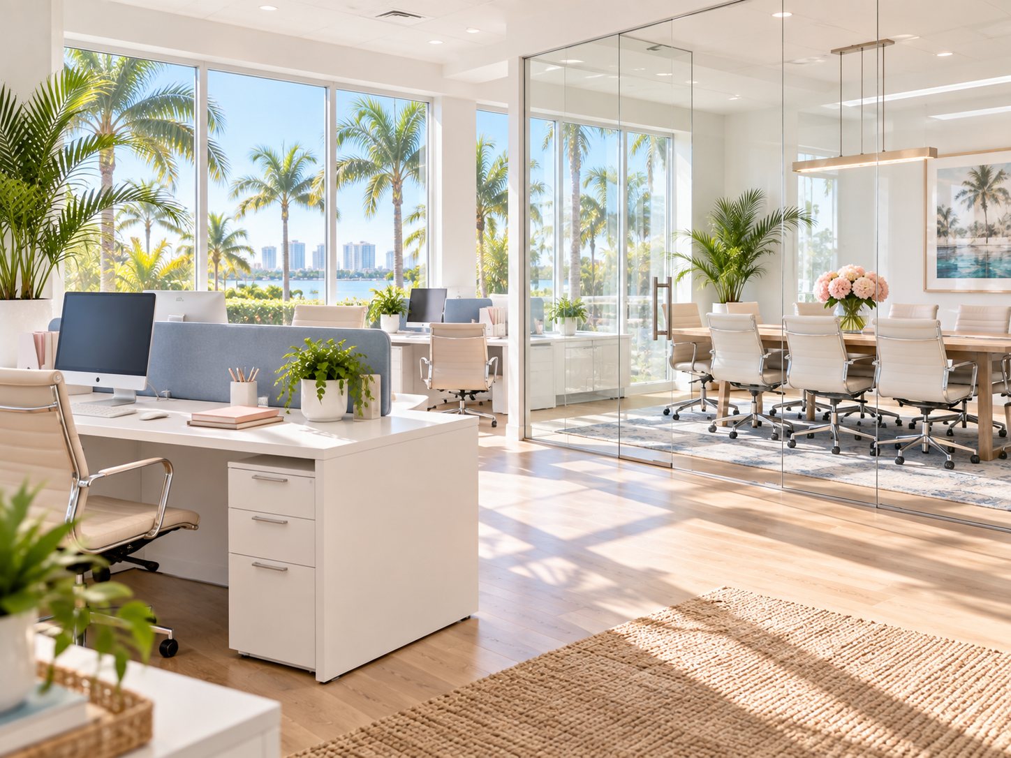 Bright, modern office space with palm trees and city view, professionally cleaned