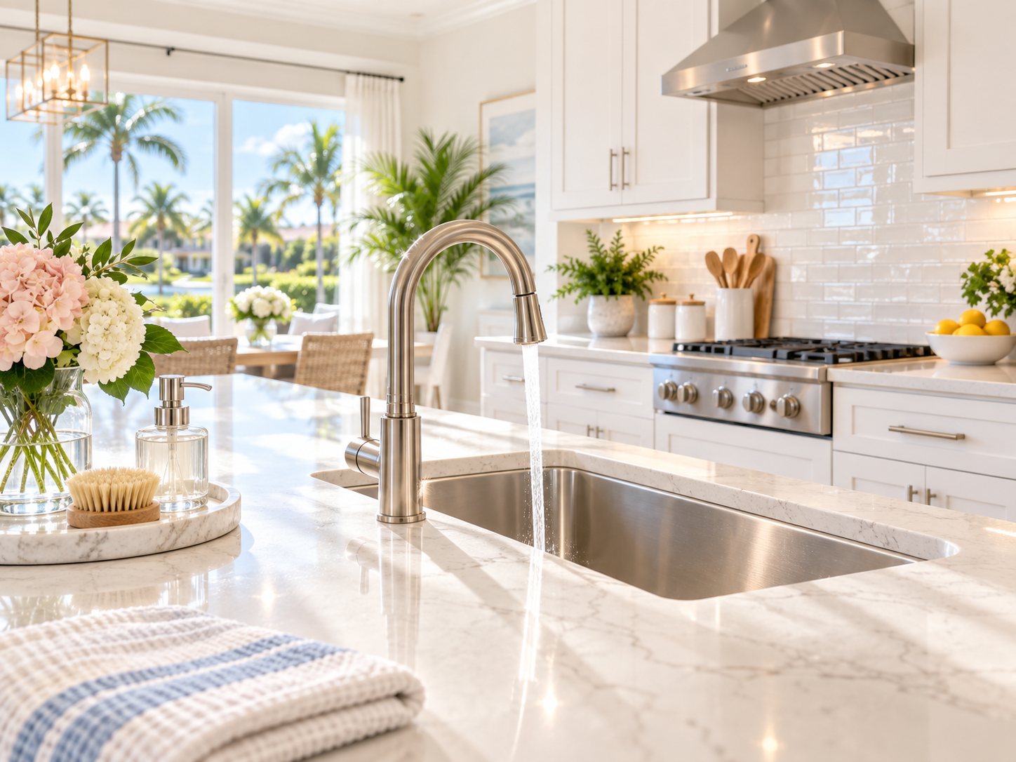 Sparkling clean kitchen sink and countertop with water running, freshly deep cleaned