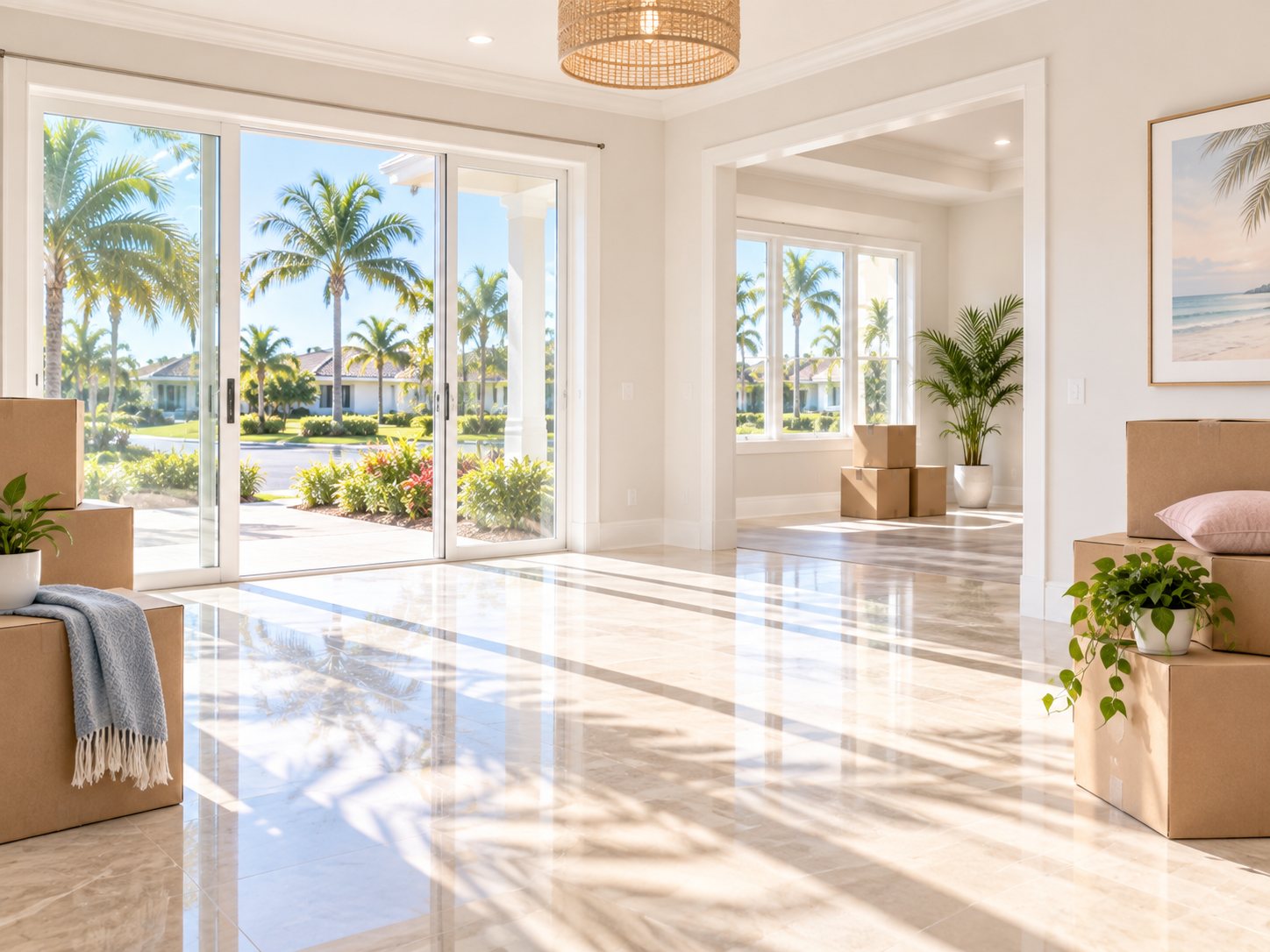 Bright, sunlit entryway with moving boxes, ready for a fresh start