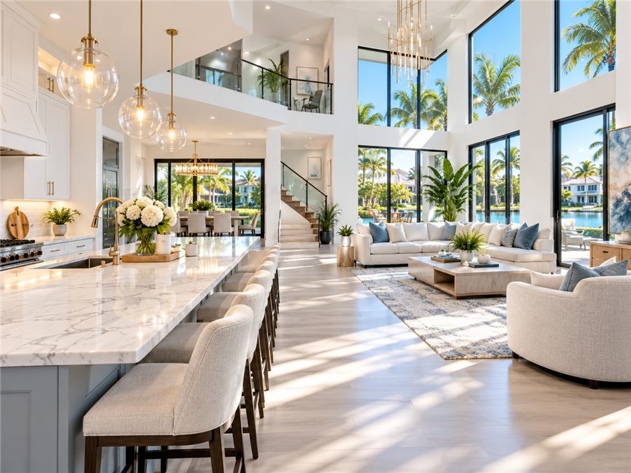 Larger upscale Florida home interior with palm trees visible outside, professionally cleaned